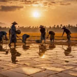 Salines de Kampot au Cambodge remplis d'eau sous un ciel lumineux.