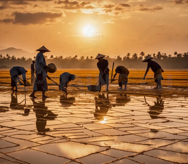 Salines de Kampot au Cambodge remplis d'eau sous un ciel lumineux.