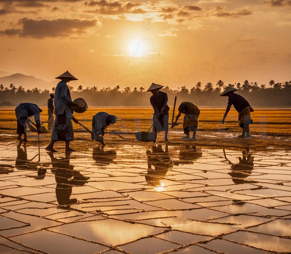Salines de Kampot au Cambodge remplis d'eau sous un ciel lumineux.